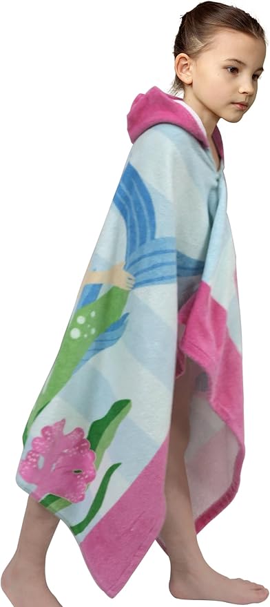 Kids Bath Towel Hooded - Cotton Kids Beach Towel 30"x50" for Ages 3 to 10, Toddler Towels with Hood Snaps, Soft Terry Poncho Towel as Pool Swim Cover Ups for Girls Boys (Mermaid Pink)