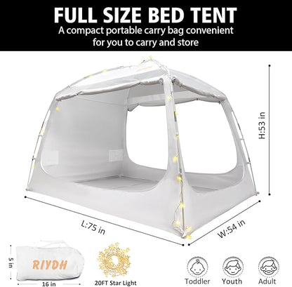 Bed Tent Bed Canopy Full Size for Adult and Kids - Portable Sleeping Tents Indoor Dream Tents 70% Blackout with String Light 3 Doors Breathable Privacy Space Tents