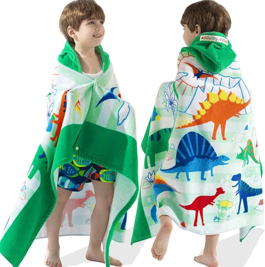 VOOVA & MOVAS Large Kids Hooded Towels | Soft Cotton (30X50 inches) Beach, Bath, Pool Towel with Hood | Summer Beach Stuff for Boys&GirlsAges 3-10 for Toddler,Jungle Dinosaur | Dino