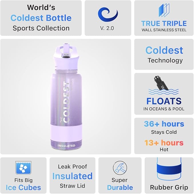 Coldest Sports Water Bottle with Straw Lid Vacuum Insulated Stainless Steel Metal Thermos Leak Proof Flask for Sports Gym (32 oz, Purple Ombré Glitter)
