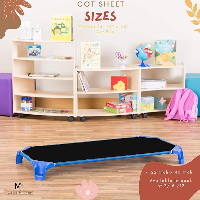 Pack of 12 Cot Sheet for Daycare Preschool Cot Bed -Polyblend Fabric with Corner Elastic Cots Sheets Fits On 22" X 40" Inches Size Toddler and Preschool Daycare Cot Black 22 X 40 Size