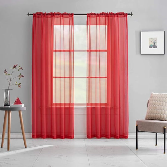 Red Sheer Curtains 72 Inches Long 2 Panels Translucent Voile Solid Color Window Treatment Rod Pocket Red Sheer Curtains for Bedroom Living Room Party 2 Panels 52x72