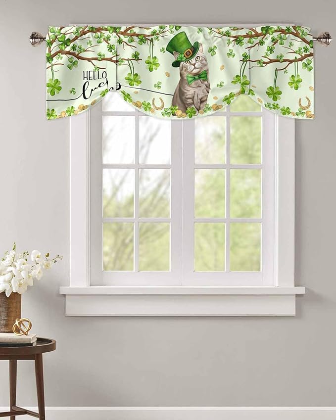 Lucky Cat St. Patrick's Day Blackout Tie Up Valance Curtains for Kitchen Windows Green Spring Shamrocks Tree Window Toppers Balloon Shades for Living Room/Bathroom/Bedroom,1 Panel, 42" X 12"