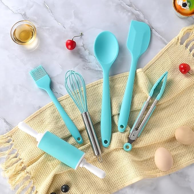 Cooking Set for Kids, Real Cooking Kids Baking Set with Organizer Carrying Case for Girls, Kitchen Tools Kids Knife Set for Boys, Kid, Toddler, Gift, Toys-Blue