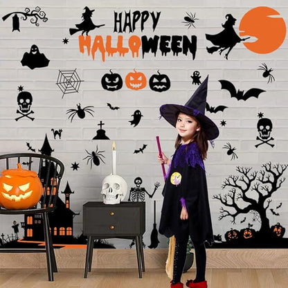 Happy Halloween Witch Wall Decals Halloween Moon Bat Wall Stickers Witch Bats Spiders Pumpkin Lantern Cat Halloween Window Decals Party Decorations.