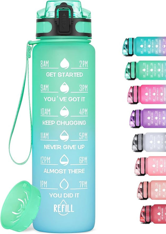 32oz Motivational Water Bottle with Time Marker & Fruit Strainer, Leak-proof BPA Free Non-Toxic Bottle with Carrying Strap, Perfect for Fitness, Gym and Outdoor Sports