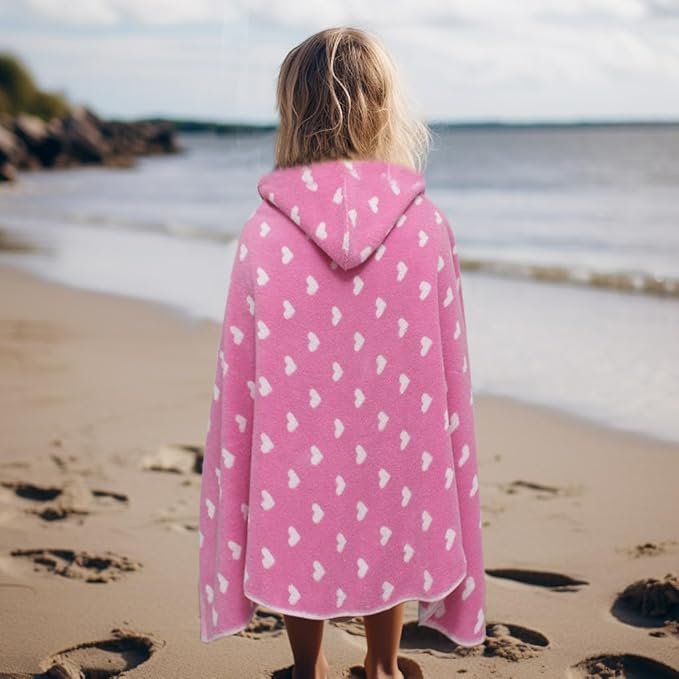Hooded Bath Towel Wrap - 100% Cotton Jacquard Reversible Large Hooded Hearts Kids Towel - Toddler Shower Pool Beach Towel - Soft Plush Absorbent Quick Dry Easy Care Gift - 26 x 50 - Pink
