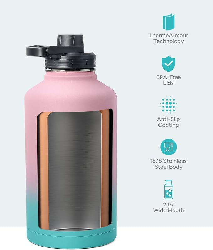 BUZIO Water Bottle with Straw lid, Spout Lid, Hand Lid and Carrying Pouch, 32oz 40oz 64oz Stainless Steel Water Flask Jug, Cold for 48 Hrs Hot for 24 Hrs Double Vacuum Thermo Canteen Mug, BPA-Free