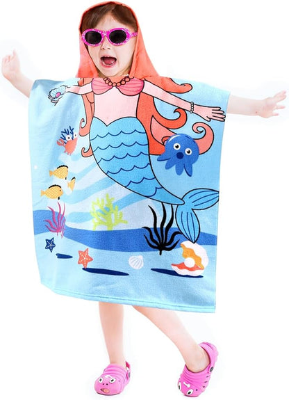 Kids Blue Mermaid Hooded Beach Towel Girls Cute Poncho Pool Towels with Hood 24*47 in Soft Microfiber Swim Cover-ups Kids Ages 3-10 Thick Absorbent Cotton Hooded Bath Towel Wrap Bathrobe