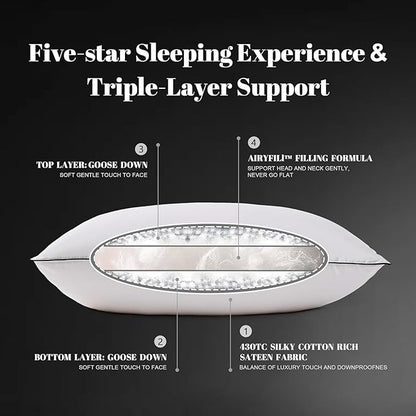 Soft Goose Down Pillows for Sleeping, 1 Pack Thin Hotel Feather Down Pillow with Airyfil™ Fillings, Flat Bed Pillow for Back, Stomach, Side Sleepers (Standard Size, 20×26 in.)