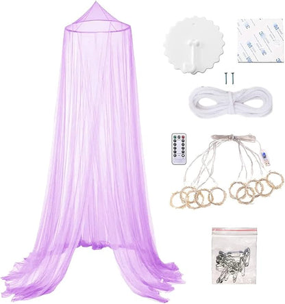 Eimilaly Bed Canopy Mosquito Net with 250pcs Warm White Curtain Lights, Bed Canopy for Girls Room Decor or Theme Party, Purple/Warm White Lights