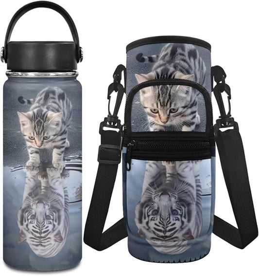 Funny Kids Water Bottle 8-10/10-12 Cat Stainless Steel Water Bottle 20 OZ Tiger 2 Pcs Water Bottle Holder Carrier Sling Water Bottle Pouch Sleeve