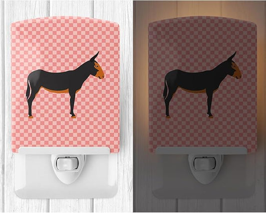 Caroline's Treasures BB7855CNL Catalan Donkey Pink Check Ceramic Night Light Compact, UL-Certified, Ideal for Bedroom, Bathroom, Nursery, Hallway, Kitchen, 6x4x3, Multicolor