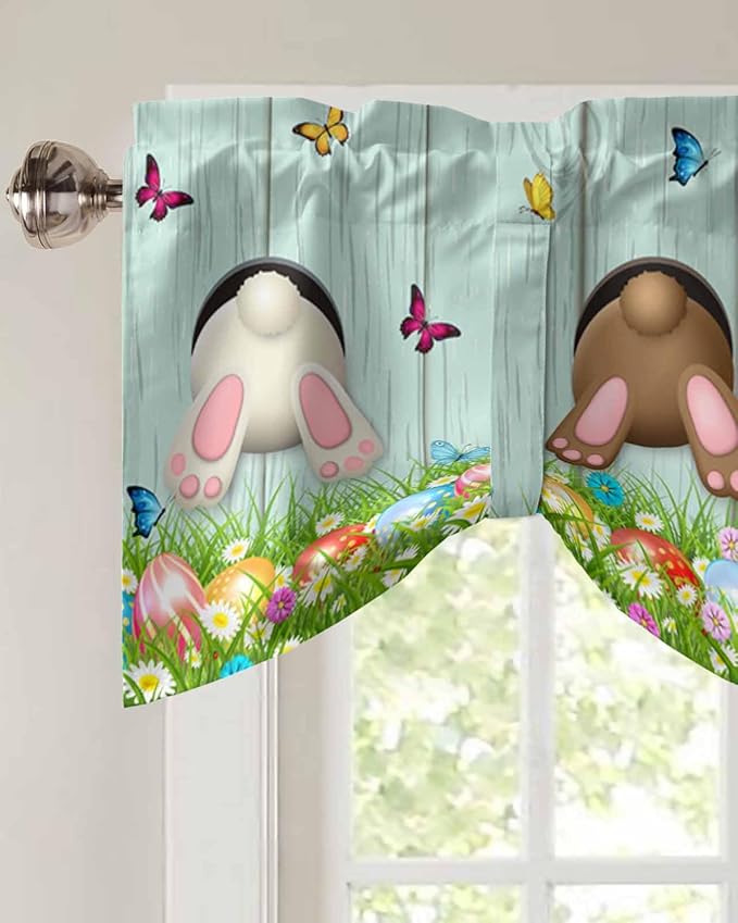 Spring Easter Blackout Tie Up Valance Curtains for Kitchen Windows Funny Bunny Tails Rabbit Window Toppers Balloon Shades for Living Room/Bathroom/Bedroom,1 Panel, 54" X 18",Floral Farmhouse