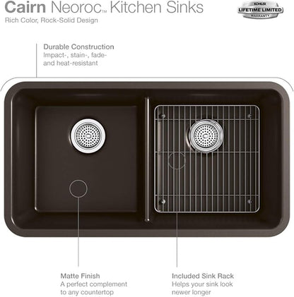 KOHLER K-28000-CM2 Cairn 27.5" Neoroc Composite Undermount Single-Bowl Kitchen Sink, Composite Kitchen Sink with Sink Rack, Matte Brown
