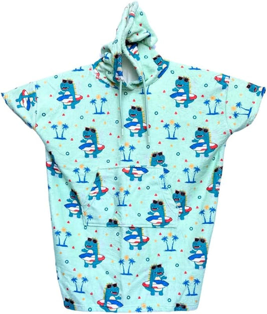 Cotton/Microfiber Kids Surf Poncho, Wetsuit Changing Towel Bath Robe with Hood and Pocket for Ages 3-7 and 8-12 (Surfer Dinos, 8-12 Years)