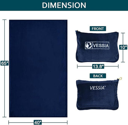 Vessia Travel Blanket for Airplane, Train and Car, Warm and Soft Travel Blanket in Bag for Adults and Kids, Portable Compact Long Flight Blanket with Luggage Sleeve, Backpack Clip(Navy)
