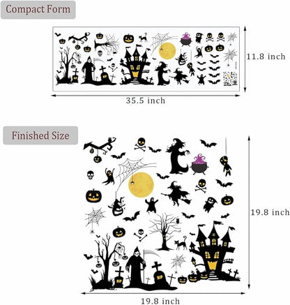 Halloween Witch Wall Decals Halloween Moon Bat Wall Stickers Happy Halloween Wall Decor Peel and Stick Vinyl Bat Ghost Spider Pumpkin Wall Art for Halloween Party Supplies.