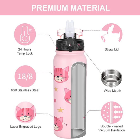 GOPPUS Kids Water Bottle with Straw Lid 20 oz Cat printing Double Walled Metal Insulated Stainless Steel Sports Water Bottles Leak Proof with Strap Handle for Boys Girls School(ink Cat 1 Lid)