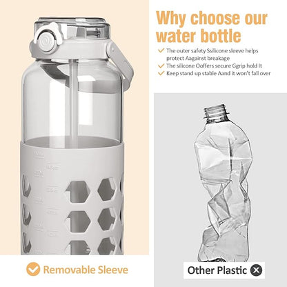 MUKOKO Half Gallon/64 oz Glass Water Bottles with Straw and Lid,Motivational Water Jug with Time Marker Reminder and Silicone Sleeve,100% Leakproof BPA Free Fitness Sports Large Bottle-White
