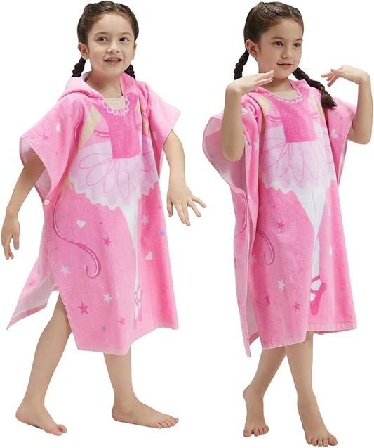 Kids Hooded Towel Bath Beach Soft Cotton Towels Girls Absorbent Pool Wrap with Hood Baby Toddler Poncho Robe(Ballerina,5-9Years/Height:43"-51")
