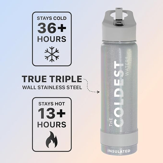 Coldest Sports Water Bottle with Straw Lid Vacuum Insulated Stainless Steel Metal Thermos Bottles Reusable Leak Proof Flask for Sports Gym (24 oz, Supernova Silver Glitter)