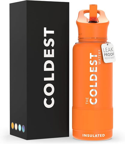 Coldest Sports Water Bottle with Straw Lid Vacuum Insulated Stainless Steel Metal Thermos Bottles Reusable Leak Proof Flask for Sports Gym (32 oz, Orange)