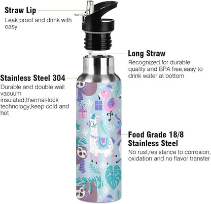 senya 34 Oz Water Bottle with Straw Animals Alpaca Llama Sloth Dinosaur Stainless Steel Water Bottle for Traveling Sports Leakproof Insulated Water Bottle