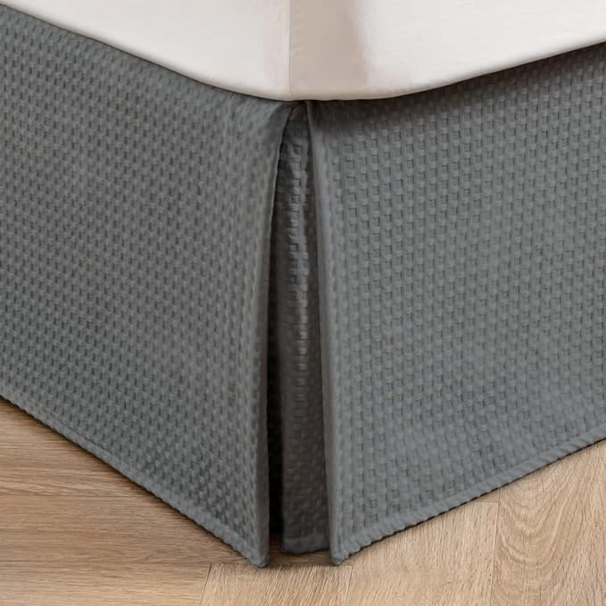 MIYE Pleated Waffle Weave Bed Skirt, Tailored Dust Ruffle 18 Inch Drop Easy Fit, Machine Washable (Dark Grey, King - 18" Drop)