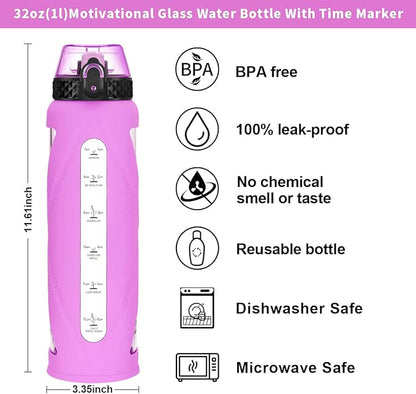 GOPPUS Glass Water Bottles with Straw and Flip Lid, Motivational Water Bottles with Time Marker Reminder and Silicone Sleeve, Leakproof, BPA Free (32 oz, Purple)