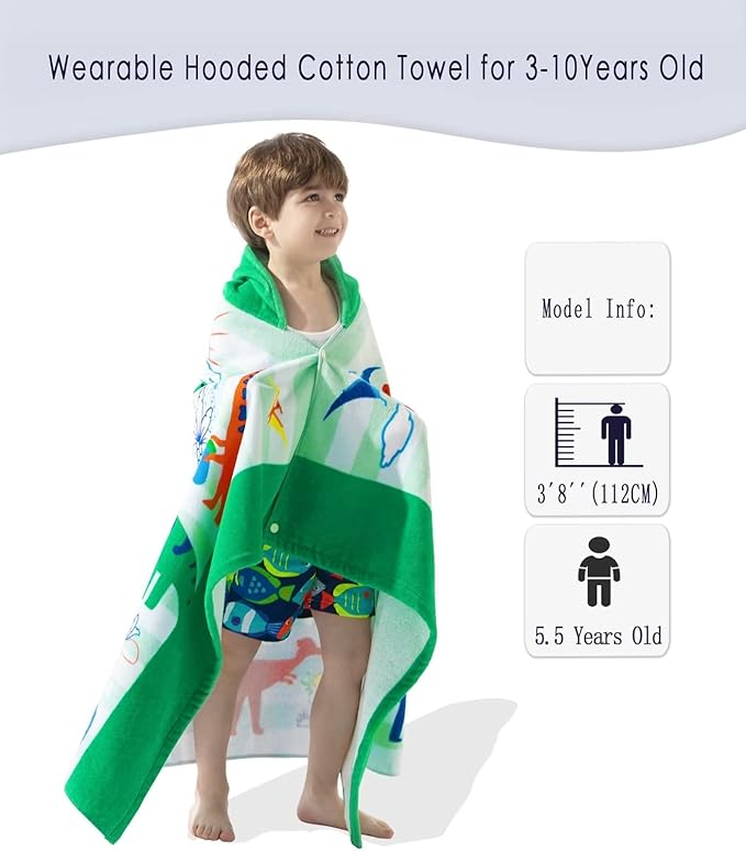 VOOVA & MOVAS Toddler Towels Age 3-10, 100% Cotton | Thick | Absorbent, Beach | Pool | Bath | Bathroom | Swim Towel | Wearable Wrap for Boys, Dinosaur | Dino