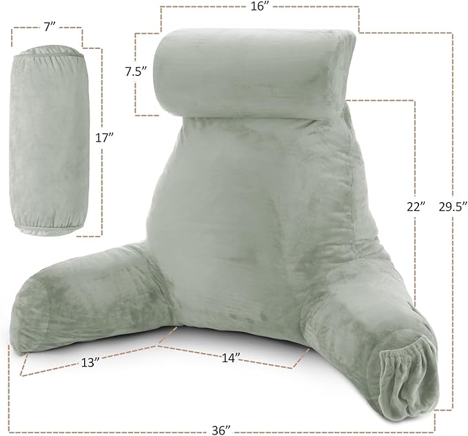 Nestl Reading Pillow Large Bed Pillow, Back Pillow for Sitting in Bed Shredded Memory Foam Chair Pillow, Reading & Bed Rest Pillows Sage Green Back Pillow for Bed, Bed Chair Arm Pillow with Pockets