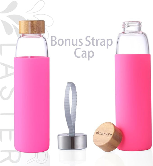 Laster Glass Water Bottle 20 Oz, 600 ml, made of Borosilicate Glass, 1 Bamboo & 1 Stainless Steel Lid, BPA Free, Non-Slip Silicone Sleeve (Barbie Pink)