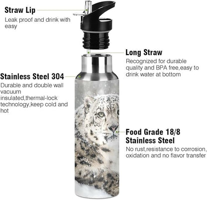 senya 34 Oz Water Bottle with Straw Snow Leopard Stainless Steel Water Bottle for Traveling Sports Leakproof Insulated Water Bottle