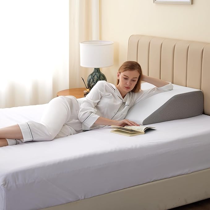 Leg Elevation Pillows, Leg Pillows for Sleeping, Cooling Gel Memory Foam Top, Wedge Pillow for Legs, Leg Wedges for Circulation, Swelling, After Surgery - Removable Cover (8 Inch, White/Grey)