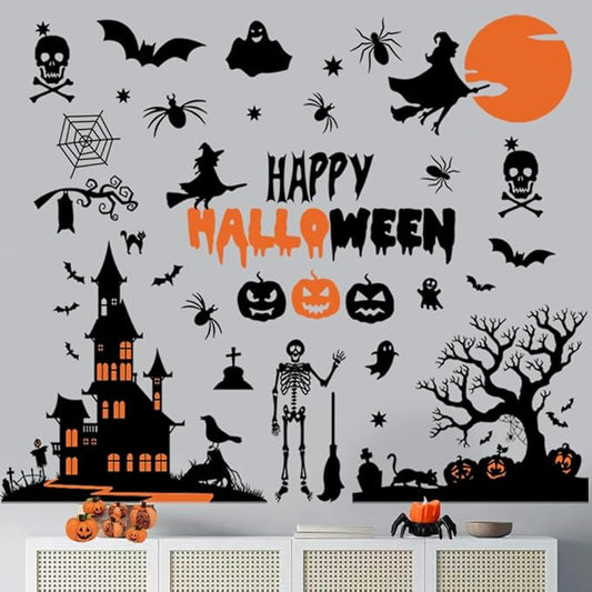 Happy Halloween Witch Wall Decals Halloween Moon Bat Wall Stickers Witch Bats Spiders Pumpkin Lantern Cat Halloween Window Decals Party Decorations.