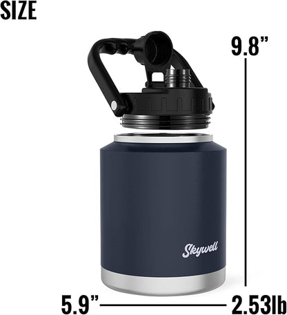 SkyWell 64 Oz Insulated Water Bottle Sleeve and Cup Kit Wide Mouth Water Flask Sweat-Proof and Leak-Proof Half Gallon Water Jug for Outdoors, Navy Kit
