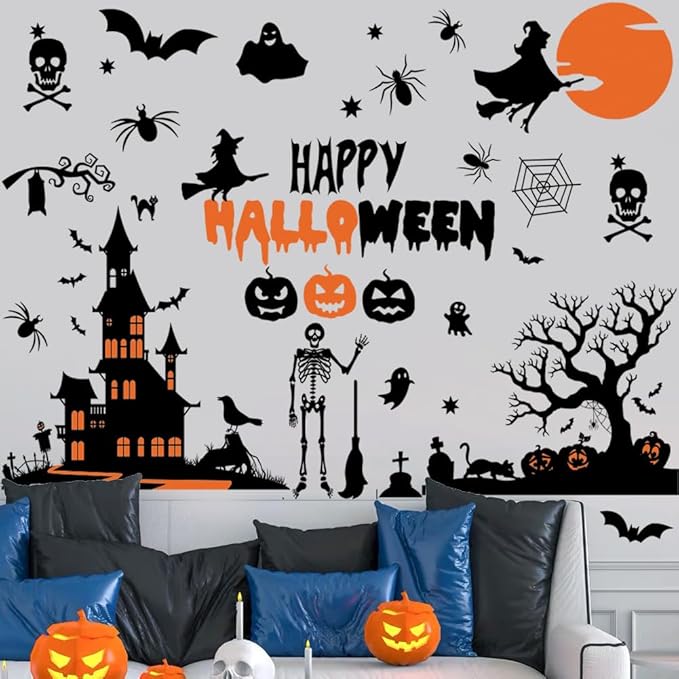 Happy Halloween Witch Wall Decals Halloween Moon Bat Wall Stickers Witch Bats Spiders Pumpkin Lantern Cat Halloween Window Decals Party Decorations.