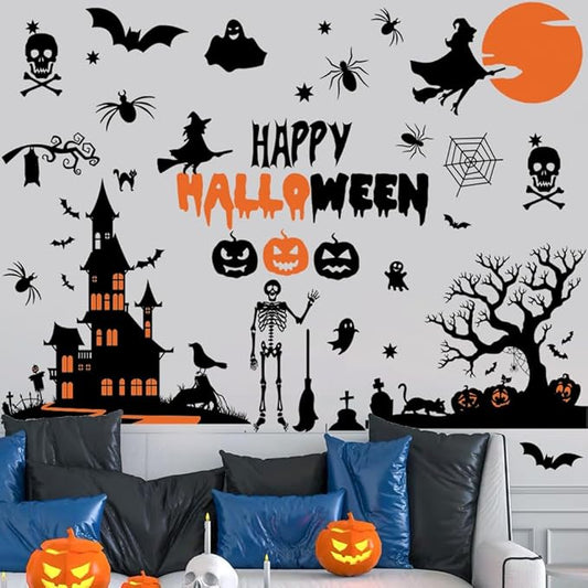 Happy Halloween Witch Wall Decals Halloween Moon Bat Wall Stickers Witch Bats Spiders Pumpkin Lantern Cat Halloween Window Decals Party Decorations.