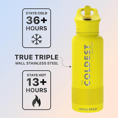 Coldest Sports Water Bottle with Straw Lid Vacuum Insulated Stainless Steel Metal Thermos Bottles Reusable Leak Proof Flask for Sports Gym (Solar Yellow, 32 oz)