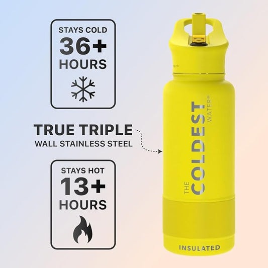 Coldest Sports Water Bottle with Straw Lid Vacuum Insulated Stainless Steel Metal Thermos Bottles Reusable Leak Proof Flask for Sports Gym (Solar Yellow, 32 oz)
