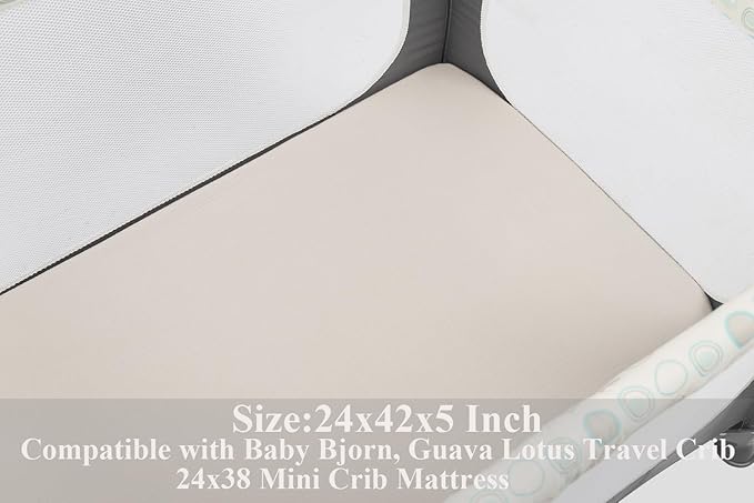 Muslin Travel Crib Fitted Sheets Compatible with Baby Bjorn, Guava Lotus Travel Crib and 24 x 42 Inch Travel Light Playard Mattress Snuggly Soft 100% Cotton Fog & Brown