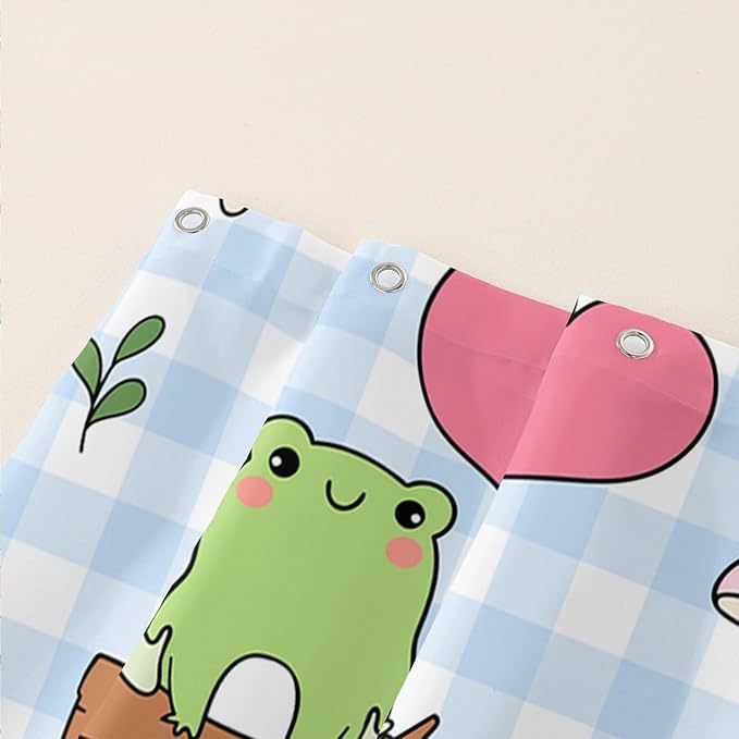 AILONEN Kawaii Frog Shower Curtain,Cute Cartoon Mushroom Frog Bath Curtain,Romantic Frog Couple Hearts Printed Waterproof Blue Stripe Curtain, 72" W x 72" H