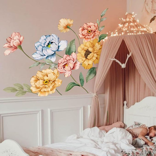 Large Flower Wall Decals Colorful Blossom Floral Wall Stickers Removable Wall Murals Peel and Stick Girls Bedroom Living Room Nursery Wall Decor
