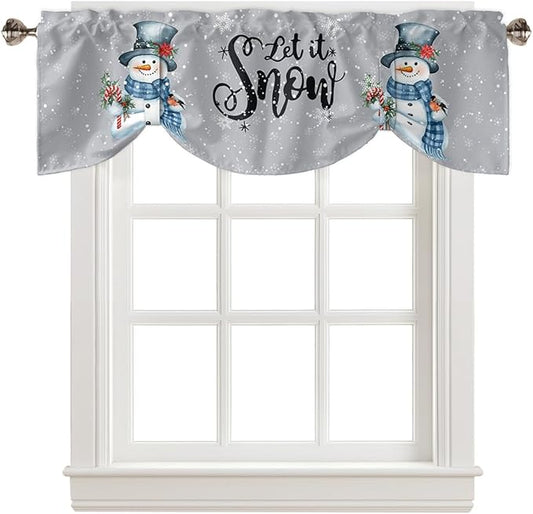 Snowman Christmas Blackout Tie Up Valance Curtains for Kitchen Windows Let It Snow Winter Holiday Window Toppers Balloon Shades for Living Room/Bathroom/Bedroom,1 Panel, 42" X 12", Grey White