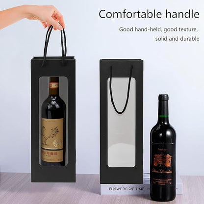 Ssyuysto 12 Pcs Black Wine Gift Bag with Window 4.9" x 3.34" x 14.1" Kraft Paper Wine Bags with Windows Flower Wrapping Bag Transparent Window Bags for Birthday Wedding Party Gift (Black)