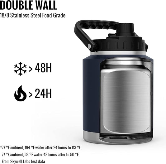 SkyWell 64 Oz Insulated Water Bottle Sleeve and Cup Kit Wide Mouth Water Flask Sweat-Proof and Leak-Proof Half Gallon Water Jug for Outdoors, Navy Kit