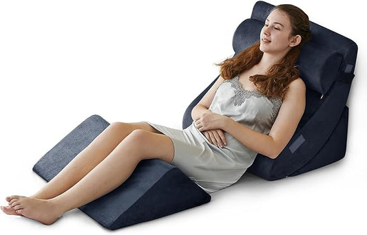 Ganaver 4 Pcs Orthopedic Bed Wedge Pillow Set – Post Surgery, Relaxing, Back & Adjustable Head Support Cushion – Triangle Memory Foam Pillow for Acid Reflux, Sleeping, Reading, Snoring (Navy)