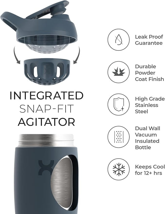 Promixx Pursuit Shaker Bottle Insulated Stainless Steel Water Bottle and Blender Cup, 18oz, Midnight Blue