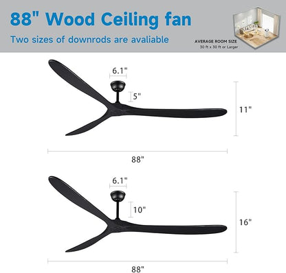 Bigzone 88" Large Black Ceiling Fan With Remote Control, DC Motor Quiet Energy Saving,3 Black Balsa Wood Blades,Outdoor/Indoor Ceiling Fan With Reversible Blades